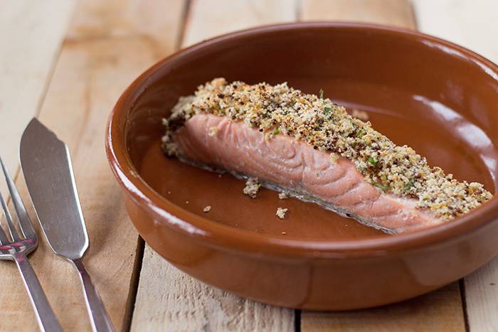 Crusted salmon with old style mustard and fresh tarragon