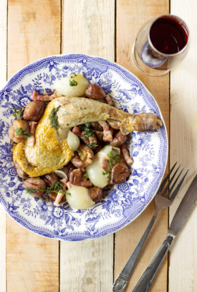 Guinea fowl legs recipe with chestnuts and onions