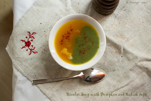 A bicolor Soup with Pumpkin and radish tops